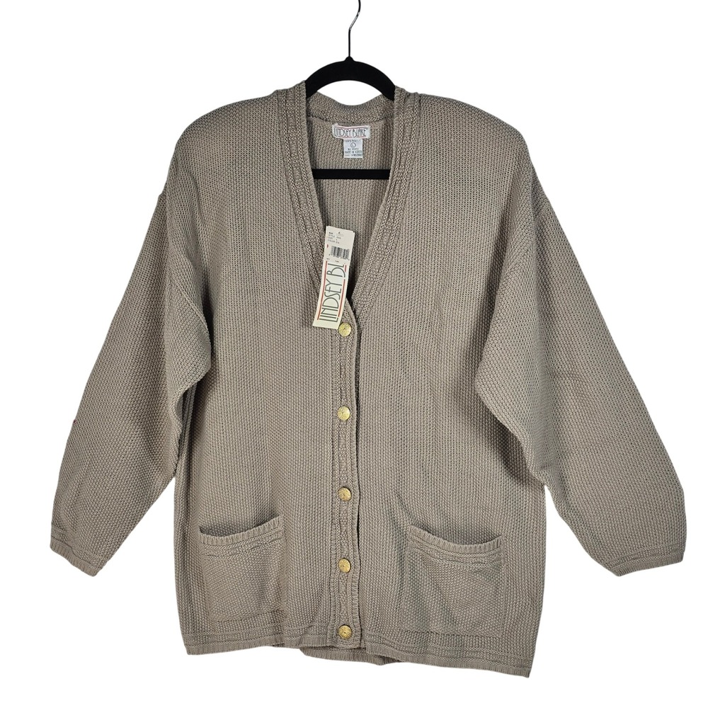 VTG Lindsey Blake Shaker Knit Cardigan Sweater Woman Large Taupe Gold Button NWT